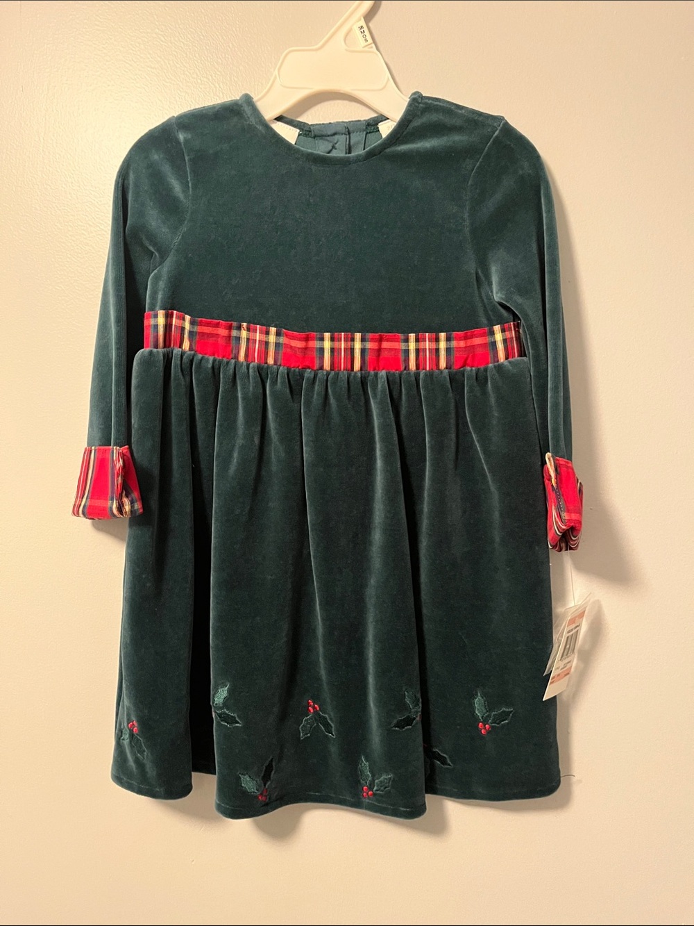 Charter Club Green Velvet Dress with Red Plaid Trim